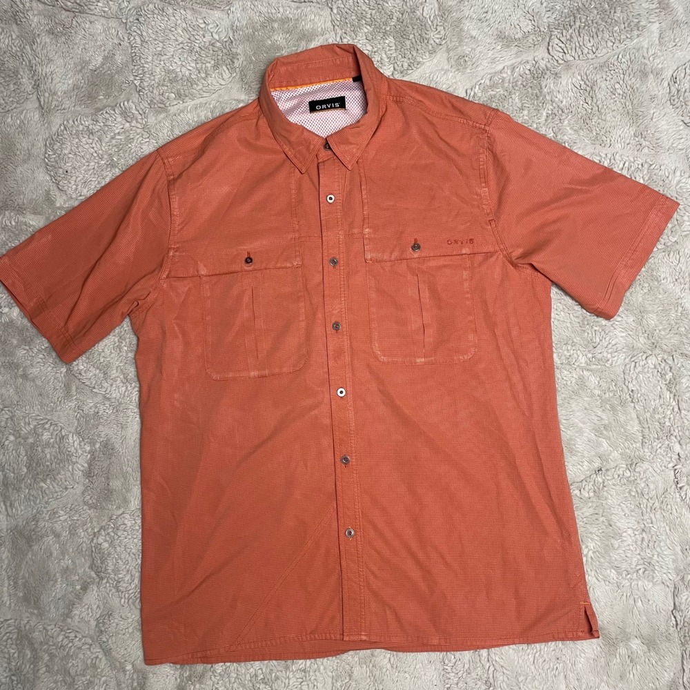 Orvis Mens Large Orange Micro Check Short Sleeve Vented Fishing Shirt Button Up - Picture 7 of 16
